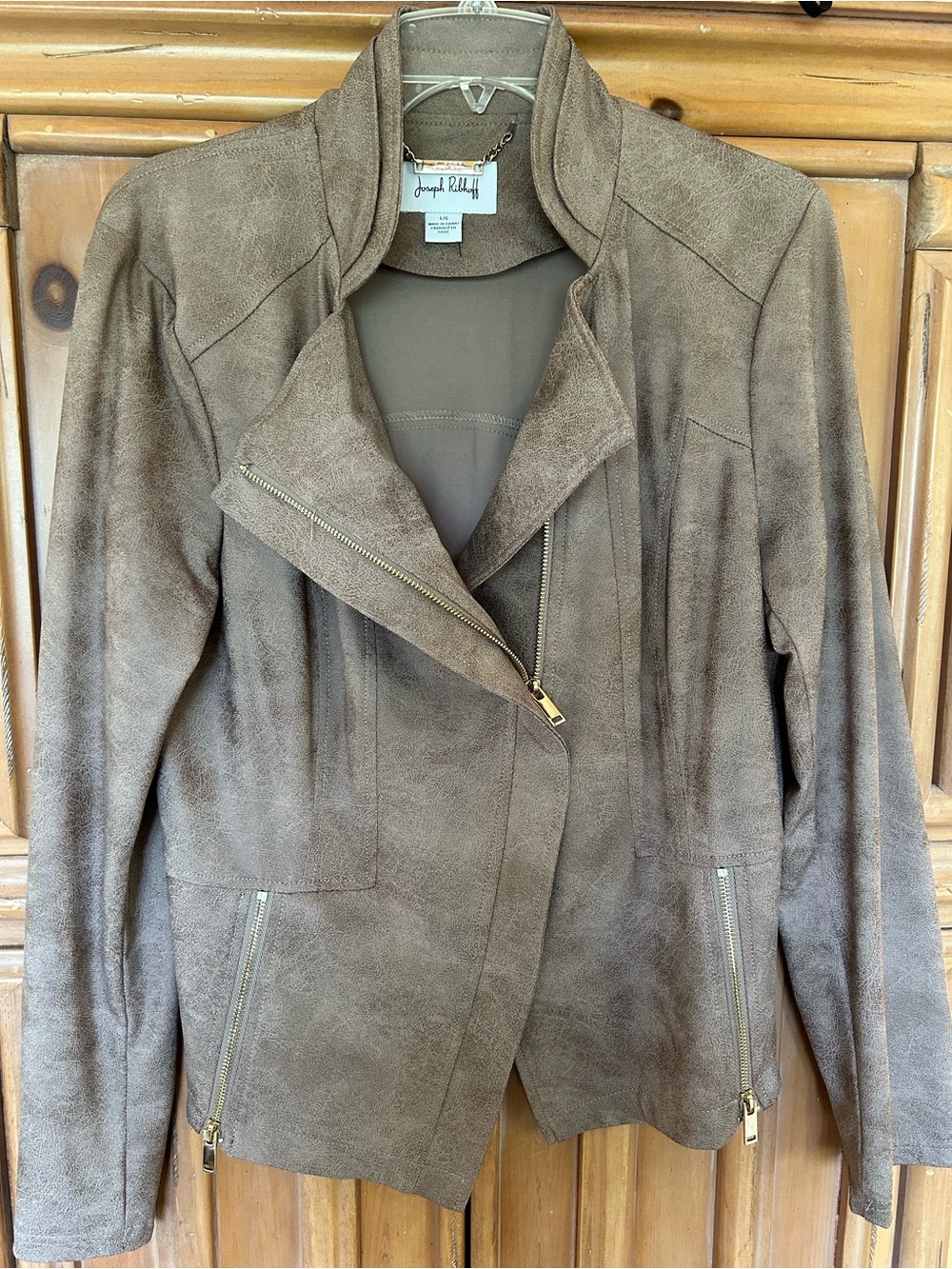 Joseph Ribkoff light brown faux leather moto jacket, gold zipper, NWOT size L